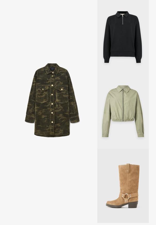 Lysegrøn kort jakke med lange ærmer, spids krave, lynlås foran, sidelommer og elastisk indsnævret talje mod hvid baggrund.; Sort sweatshirt med lynlåslukning ved kraven, lange ærmer, ribstrikkede manchetter og en lille logo foran. Blød, glat stoffaktur.; Langærmet grøn og brun camo kordfløjl skjortejakke med krave, knaplukning foran og to brystlommer med klap.; Tanfarvet ruskindsstøvle til midt på læggen med lav blokhæl, dekorativ rem og sølvfarvet ringdetalje omkring anklen samt et lille metallogo nær toppen.