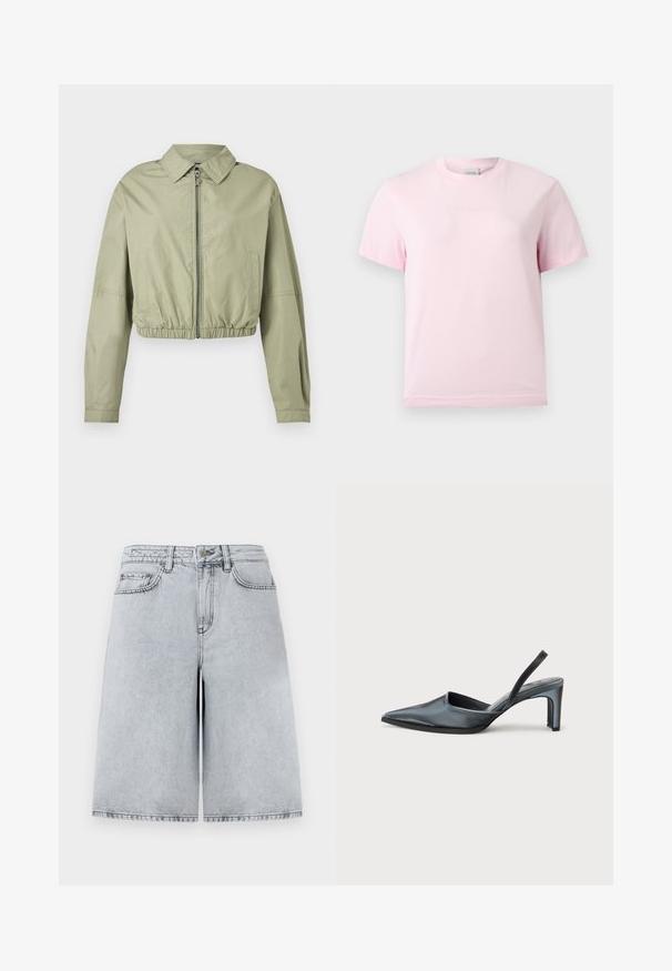 Veste courte vert clair à manches longues, col pointu, fermeture éclair devant, poches latérales et taille élastiquée froncée sur fond blanc.; T-shirt rose clair à manches courtes et col rond avec un logo "Calvin Klein" en relief subtil centré sur la poitrine.; Shorts en denim gris clair avec une coupe décontractée, taille haute, cinq poches et coupe droite. Détails de couture propres et minimaux.; Escarpin noir à bride arrière avec un bout pointu, une finition satinée élégante et un talon fin de 7,5 cm. Design latéral ouvert avec des détails de couture minimalistes.