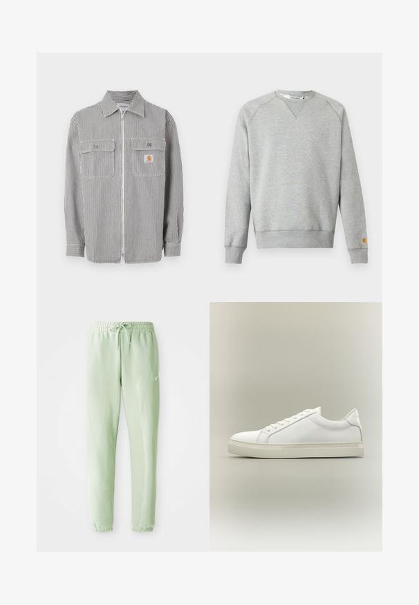 Grijs-wit gestreept shirt met lange mouwen en een ritssluiting, twee klepzakken aan de voorkant, een kraag en een klein oranje logoplaatje op de rechterzak.; Lichtgrijze crewneck sweater met lange mouwen, geribde manchetten en zoom, en een klein logoplaatje op de linkermouwmanchet.; Lichtgroene sweatpants van zachte katoen, met een elastische tailleband met trekkoord en taps toelopende benen, afgewerkt met gathered boorden.; Witte lage sneaker met veters aan de voorkant en dikke zool, zijaanzicht tegen een neutrale achtergrond.