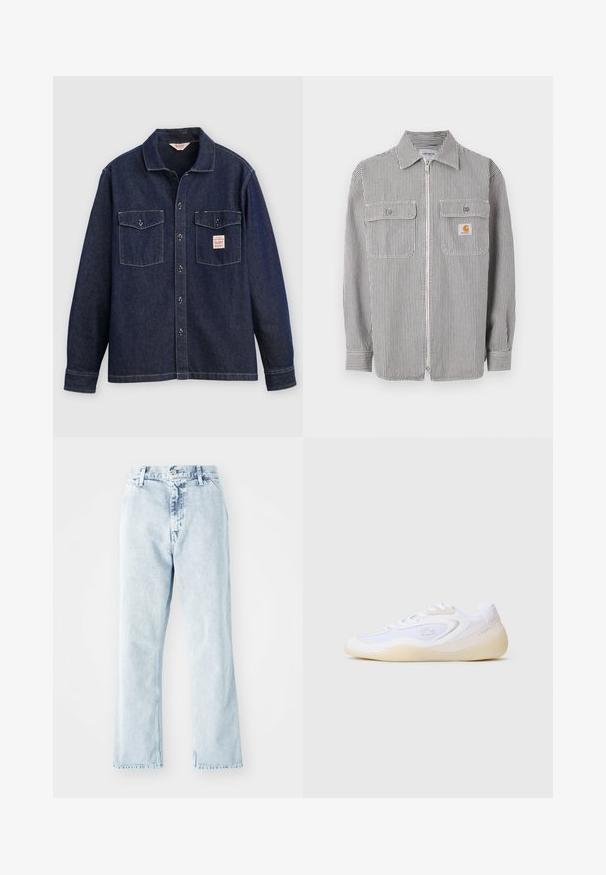 Chemise à manches longues zipée grise et blanche à rayures verticales avec deux poches à rabat à l'avant, un col et un petit écusson de logo orange sur la poche droite.; Chemise en denim foncé avec un col à revers, deux poches poitrine et une patte de boutonnage. Présente des coutures contrastantes et une étiquette sur la poche gauche.; Jeans en denim bleu clair avec une coupe droite, dotés d'une taille haute, de cinq poches et d'une fermeture à bouton. Texture décolorée sur l'ensemble.; Des baskets de sport blanches présentant un design épuré, des matériaux en mesh et en daim, une forme courbée et une semelle en caoutchouc avec des accents minimaux.