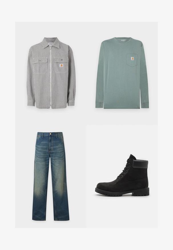 Grijs-wit gestreept shirt met lange mouwen en een ritssluiting, twee klepzakken aan de voorkant, een kraag en een klein oranje logoplaatje op de rechterzak.; Lange mouwen shirt van lichtgroene katoen met een ronde hals, voorzien van een borstzak aan de linkerkant en een logopatch in oranje en wit.; Blauwe denim jeans met een hoge taille, wijde pijpen, voorzakken en subtiele vervaagde details op dijen en knieën.; Zwarte enkellaars met vetersluiting, voorzien van een gevoerde kraag en een robuuste zool, weergegeven in profiel tegen een witte achtergrond.