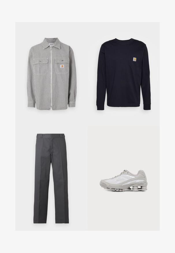 Chemise à manches longues zipée grise et blanche à rayures verticales avec deux poches à rabat à l'avant, un col et un petit écusson de logo orange sur la poche droite.; T-shirt à manches longues bleu marine en coton, avec une poche sur la poitrine et un écusson de logo. Ourlet droit et poignets côtelés.; Pantalon gris foncé à jambes droites avec un devant plat et sans poches visibles, présenté sur un fond blanc uni.; Baskets de sport grises et blanches avec semelle à coussin d'air visible et panneaux en mesh, présentées de profil sur un fond clair uni.