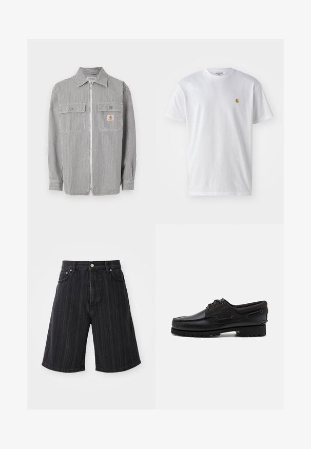 Langærmet grå og hvid vertikalt stribet skjorte med lynlås, to klaplommer foran, en krave og en lille orange logo på den højre lomme.; Hvid bomulds t-shirt med korte ærmer, rund hals og et lille guld logo på venstre brystområde. Blød tekstur og almindelig pasform.; Sort denimshorts med bred benvidde, med lodrette striber, forlommer og metalhardware-detaljer.; Sort sko med overdel i læder, tekstilaccentuer, runde snørebånd og en tekstureret gummisål. Udstyret med mokkasinsyning og branddetalje.