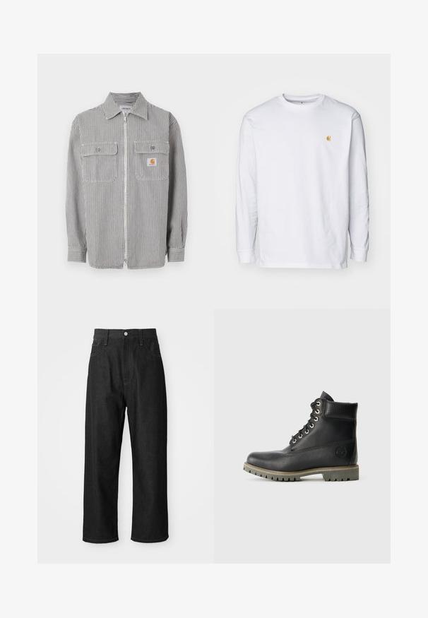 Langærmet grå og hvid vertikalt stribet skjorte med lynlås, to klaplommer foran, en krave og en lille orange logo på den højre lomme.; Hvid langærmet t-shirt lavet af bomuld. Har et lille gyldent logo på brystet og en rund halsudskæring. Enkel design og standard pasform.; Sorte denimbukser med afslappet fit, høj talje, lynlåslukning og fem-lomme design. Synlig syning som accentuerer bukserne.; Sorte læder ankelstøvler med snøredesign, polstret krave og en tekstureret panel. Har en robust sål og prægede logo på siden.