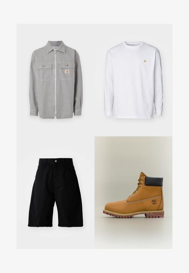 Chemise à manches longues zipée grise et blanche à rayures verticales avec deux poches à rabat à l'avant, un col et un petit écusson de logo orange sur la poche droite.; T-shirt à manches longues blanc en coton. Présente un petit logo doré sur la poitrine et un col rond. Design simple et coupe standard.; Shorts en coton noir avec une coupe décontractée, deux poches latérales, une fermeture à bouton et des bords nets, adaptés pour un usage décontracté.; Bottine en cuir marron avec col noir, lacets jaunes et semelle beige. Présente un logo et des détails de couture blanche. Semelle extérieure à traction robuste.
