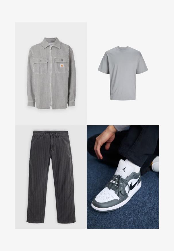 Langärmliges graues und weißes Hemd mit vertikalen Streifen, Reißverschluss, zwei aufgesetzten Taschen vorne, einem Kragen und einem kleinen orangefarbenen Logopatch auf der rechten Tasche.; Hellgraues kurzärmeliges T-Shirt aus glattem Baumwollstoff, mit Rundhalsausschnitt und bequemer Passform, ohne sichtbare Muster oder Logos.; Schwarz gestreifte Hose aus einem Baumwollmix. Verfügt über ein gerades Bein-Design, seitliche Taschen und einen Knopfverschluss.; Nike Air Jordan 1 Sneakers aus weißem und grauem Leder, mit einem schwarzen Logo, perforierter Zehenpartie und flachen grauen Schnürsenkeln.
