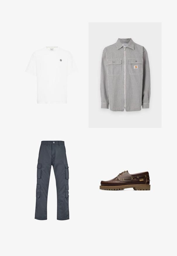 Grijs-wit gestreept shirt met lange mouwen en een ritssluiting, twee klepzakken aan de voorkant, een kraag en een klein oranje logoplaatje op de rechterzak.; Witte t-shirt met korte mouwen, voorzien van een ronde halslijn en een klein grijs geometrisch logo op de linkerborst. Gemaakt van zacht katoen.; Donkergrijze cargobroek met een rechte pasvorm, uitgerust met meerdere zijzakken en een sluiting met een knoop aan de voorkant. Gemaakt van stevige stof.; Bruine leren veterschoen voor op een boot met gestikte details en een dikke rubberen zool, gezien vanaf de zijkant.