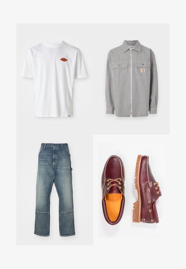 Langærmet grå og hvid vertikalt stribet skjorte med lynlås, to klaplommer foran, en krave og en lille orange logo på den højre lomme.; Hvid bomulds t-shirt med korte ærmer, der har et lille orange og sort "Dickies" logo på venstre brystområde.; Lysblå jeans med afslappet pasform, lavet af denim. Har vide ben, store forlommer og kontraststing-detaljer.; Bordeaux lædersko med brune gummisåler, rund tå, hvid syning og gyldne snøringer. Indersiden har et gult for.