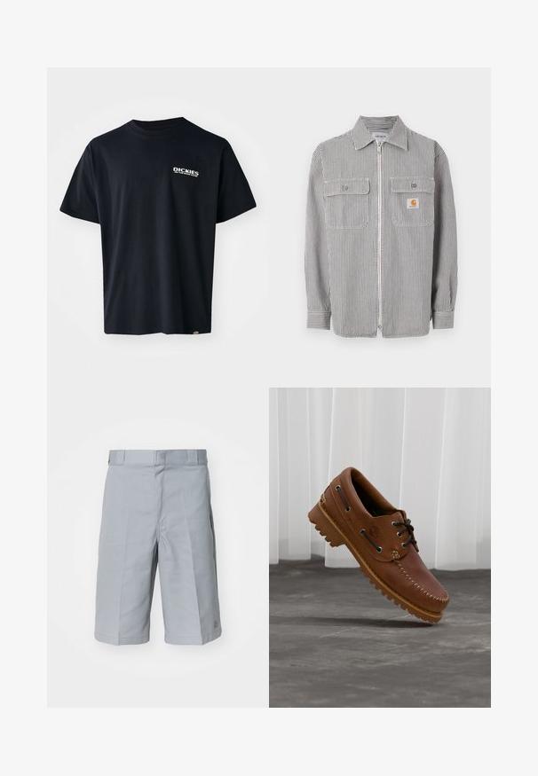 Langærmet grå og hvid vertikalt stribet skjorte med lynlås, to klaplommer foran, en krave og en lille orange logo på den højre lomme.; Sort kortærmet t-shirt lavet af bomuld, med et hvidt grafisk tekstlogo på venstre bryst, lige snit og et mærke på siden.; Lys grå shorts lavet af slidstærkt stof, med lige snit, en talje med bæltestropper og diskrete plisseringer.; Brun læder bådsko med sorte snørebånd, beige syninger og en robust sål, hængende over en grå betongulv.