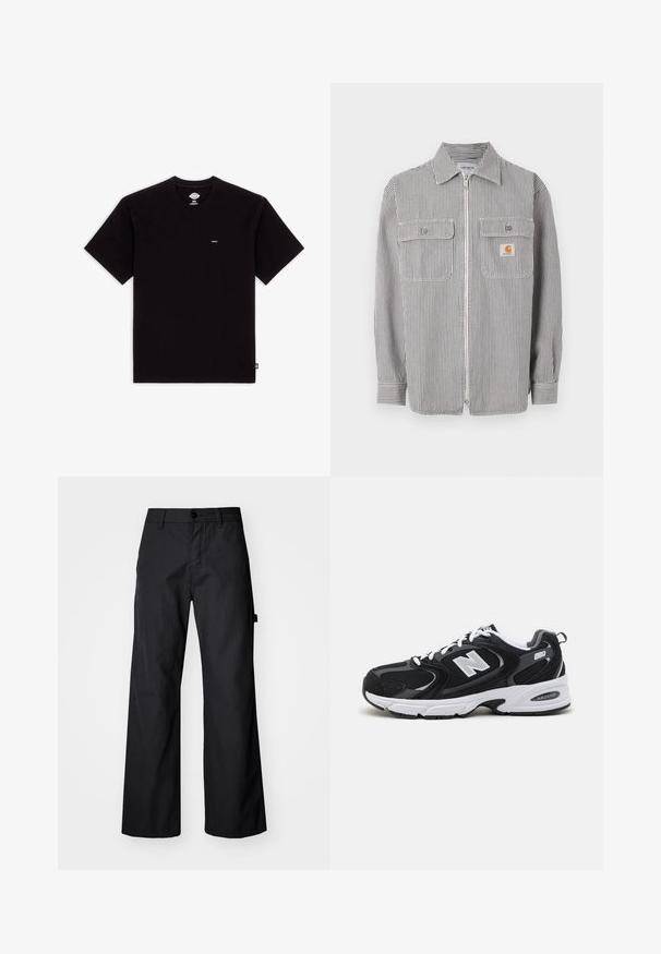 Langærmet grå og hvid vertikalt stribet skjorte med lynlås, to klaplommer foran, en krave og en lille orange logo på den højre lomme.; Sort bomulds T-shirt med korte ærmer, rund halsudskæring, har et lille logo mærke på brystet og et enkelt design uden mønstre eller accenter.; Svarte breddebenede bukser fremstillet af holdbart stof. Har en knaplukning og sidelommer. Glat tekstur med et enkelt design.; Sorte og grå sportssko med mesh og ruskind på overdelen, der har en hvid mellemsål, snørebånd og et iøjnefaldende "N" logo på siden.