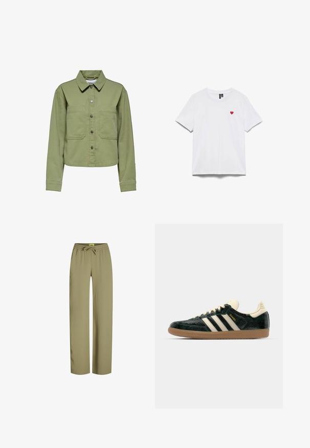 ONLY ONLDREW - Cowboyjakker - aloe; Hvid bomulds t-shirt med et lille rødt hjerte broderet på venstre bryst. Klassisk rund halsudskæring og korte ærmer.; Grønne, løstsiddende bukser med elastisk talje og justerbar snor. Lavet af blødt stof med lige ben og ingen synlige lommer.; adidas Originals SAMBA OG - Sneakers - cream white/collegiate green