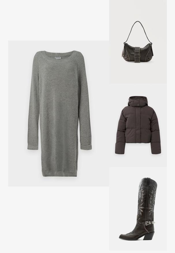 Afkorted pufferjakke i mørkegrå, med hætte, trykknaplukning og quiltet design. Glat tekstur med subtile syningsdetaljer.; Grå strikket sweaterkjole med lange ærmer, ribbede manchetter, rund halsudskæring og sideslidser for nem bevægelse. Tekstureret stof.; Sort læder cowboystøvle med dekorative udskæringer, sølvspænde og skrå hæl, vist på hvid baggrund.; Sort læder skuldertaske med spænde på remmen, afrundede kanter og kontrasterende hvide syninger på en ensfarvet baggrund.