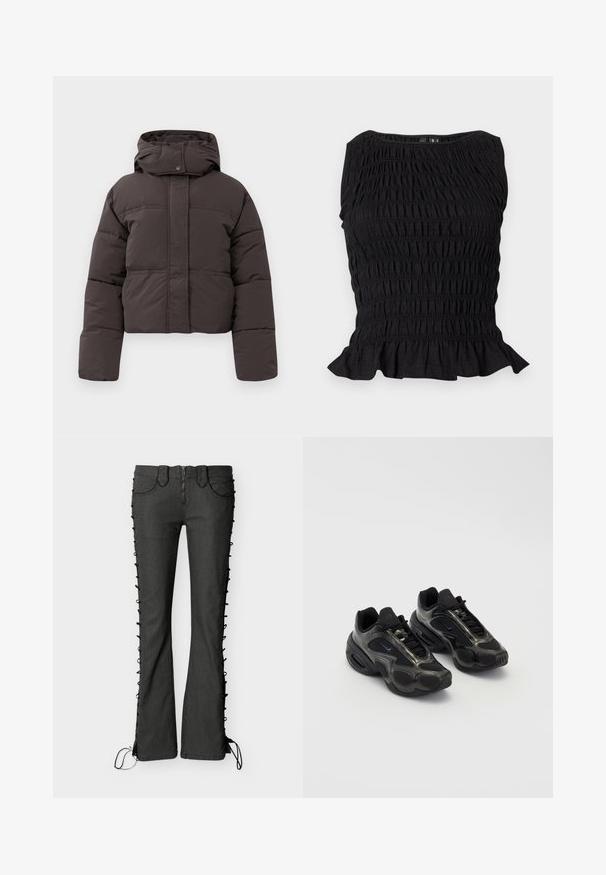 Tumehall cropped puffer-jakk, millel on kapuuts, nupukinnitusega ja tikandiga disain. Sile tekstuur koos peente õmblusdetailidega.; Must musta varrukateta särk kogutud elastse tekstuuri, paadikaeluse ja alt volangilise äärega.; Mustad laiendatud teksapüksid külje paeltega, lukuga ja nelja taskuga. Sile tekstuur ja keha järgnev lõige.; Mustad musta värvi spordijalatsid sünteetilisest materjalist, võrgusilmaga detailidega ja ümarate taldadega. Omab paeltesüsteemi ja väljapaistvat Nike logo keelel.