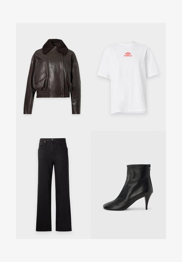 Veste en cuir marron foncé avec grand col texturé, poches avant à rabat, fermeture par boutons et taille élastique, présentée sur fond uni.; T-shirt blanc à manches courtes avec texte rouge "C'EST MIEUX À STIEGLITZ" centré près de la partie supérieure de la poitrine.; Jean en denim noir taille haute avec une jambe évasée, présentant des coutures visibles, un design à cinq poches et des accents en métal cuivré.; Bottines en cuir noir à texture lisse, bout pointu et talon stiletto mince. Dotées d'une fermeture éclair latérale pour un enfilage facile.