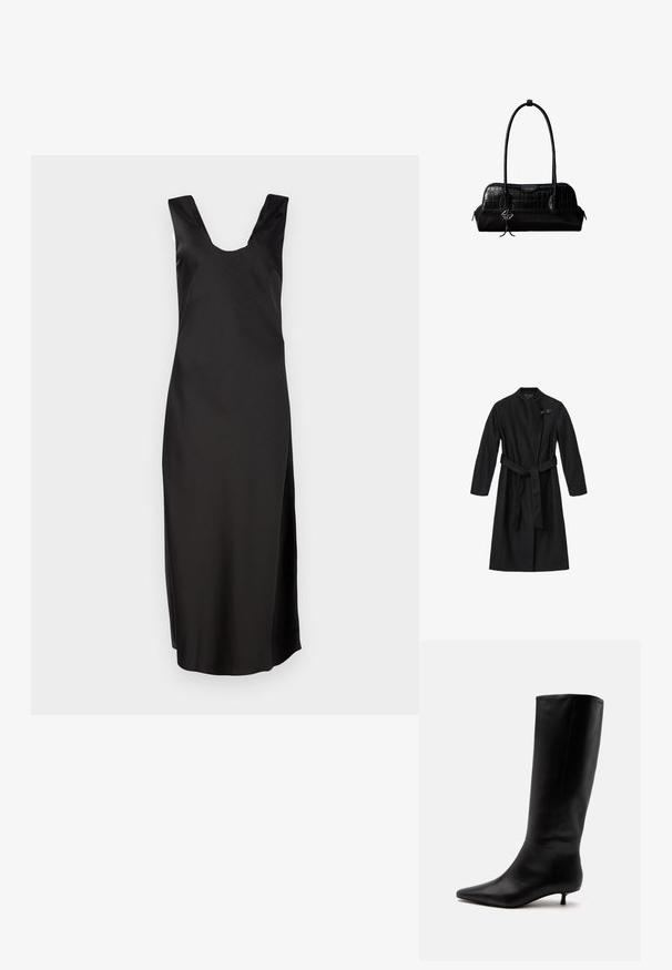 Abrigo negro hecho de una tela suave y texturizada. Presenta un diseño envolvente, mangas largas y un cinturón atado en la cintura. Incluye un cierre decorativo.; Vestido negro sin mangas con un escote en V pronunciado, hecho de una tela suave. Presenta una silueta ajustada y llega hasta la rodilla sin patrones.; Bota alta de cuero negro hasta la rodilla con puntera puntiaguda y tacón bajo tipo kitten sobre un fondo claro y liso.; Bolso de hombro negro de cuero con textura de cocodrilo, con correas largas y un pequeño colgante de logo plateado en una correa.