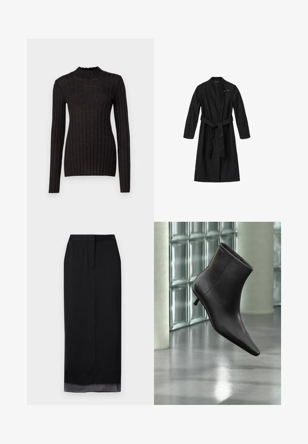 Sort frakke lavet af et glat, struktureret stof. Har et indviklet design, lange ærmer og et bindebånd i taljen. Inkluderer en dekorativ lås.; Sort ribbet langærmet sweater med en høj, flæset hals. Stoffet er glat med en tætsiddende silhuet og har vertikale striber.; Lang sort nederdel lavet af glat stof. Har en lige silhuet med en subtil gennemsigtig kant, skræddersyet talje og detail med slids bagpå.; Sort læderankelstøvle med spids tå og lille hæl vist mod en væg af glasblokke og poleret gulv baggrund.