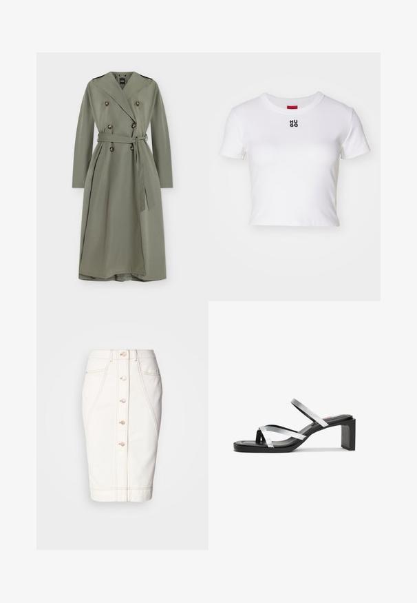 Gabardina larga de color oliva claro con botones de doble fila, solapas anchas, cinturón en la cintura y charreteras en los hombros, mostrada sobre un fondo blanco.; Camiseta blanca recortada de algodón, con cuello redondo y mangas cortas. Presenta el logo "HUGO" en negro en el pecho.; Falda de mezclilla blanca con cierre de botones en la parte delantera, costuras visibles y silueta de lápiz. Sin bolsillos visibles. Textura suave.; Sandalia negra de tacón con dos tiras metálicas plateadas y punta cuadrada. Presenta un tacón ancho y un acabado suave y mate.