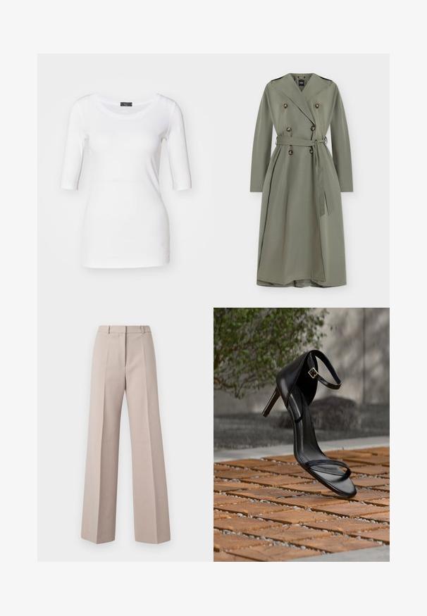 Long trench-coat olive clair à double boutonnage, larges revers, ceinture à la taille et pattes d’épaule, présenté sur fond blanc.; T-shirt ajusté blanc avec des manches trois quarts, texture douce, encolure ronde et un détail d'accent sur le côté près de l'ourlet.; Pantalons beige à jambes larges en tissu lisse, avec une taille haute, des plis avant et une silhouette ajustée.; Sandale noire à talon haut avec sangle à la cheville, suspendue au-dessus d'un sol en carreaux de bois à l'extérieur, avec un arrière-plan flou de verdure et de pierre.