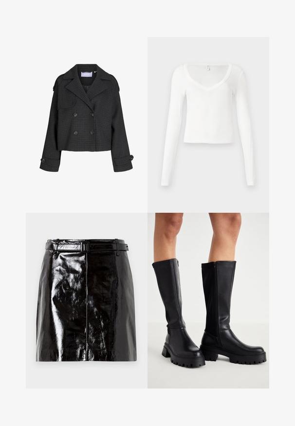Dunkelgraue, kurz geschnittene, doppelt geknöpfte Wolljacke mit Karomuster, breiten Revers, geknöpften Manschetten und Schulterklappen.; Weißes, langärmliges, tailliertes V-Ausschnitt-Cropped-Shirt mit einfacher, glatter Stoffstruktur vor neutralem Hintergrund.; Schwarzer, glänzender Leder-Minirock mit passendem Gürtel und zentralen Nahtdetails.; Schwarze kniehoge Stiefel aus glattem Kunstleder mit einer robusten Sohle, seitlichem Reißverschluss und einem runden Zehendesign.