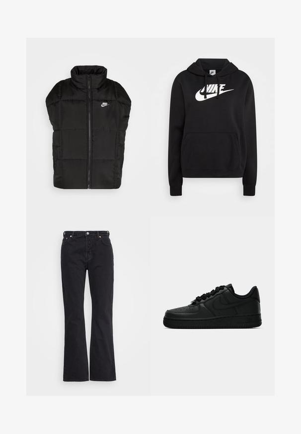 Chaleco acolchado negro con collar alto, cremallera frontal y bolsillos laterales. Presenta paneles cosidos, realzados por un pequeño logotipo de Nike.; Sudadera con capucha negra que presenta un gran logo blanco de Nike, bolsillo canguro frontal, puños acanalados y confeccionada en una tela suave y cómoda.; Weekday PIN - Vaqueros rectos - black; Zapatilla negra Nike Air Force 1 con parte superior de cuero, puntera redonda, cierre con cordones y suela texturizada, que presenta un logo sutil en el costado.