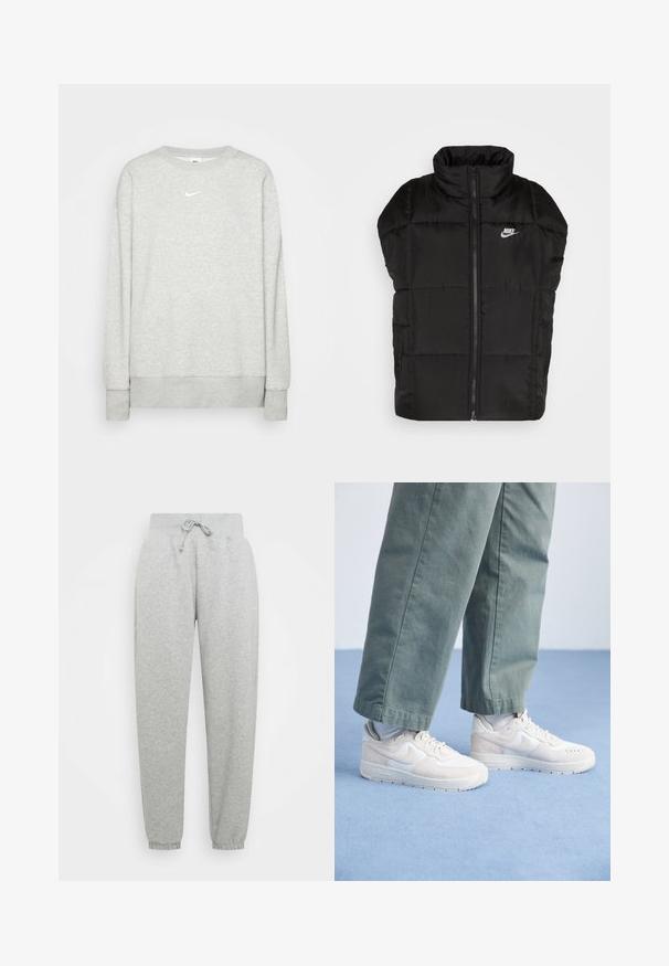 Chaleco acolchado negro con collar alto, cremallera frontal y bolsillos laterales. Presenta paneles cosidos, realzados por un pequeño logotipo de Nike.; Sudadera de cuello redondo en gris claro, fabricada con un tejido suave, que presenta un pequeño logo blanco de Nike en el pecho y puños y dobladillo acanalados.; Pantalones de chándal grises con cintura elástica, cordón ajustable y puños acanalados. Hechos de una tela suave; cuenta con dos bolsillos laterales.; Zapatillas deportivas blancas con un upper de cuero texturizado y malla, que presentan una silueta clásica, puntera perforada y diseño de cordones.