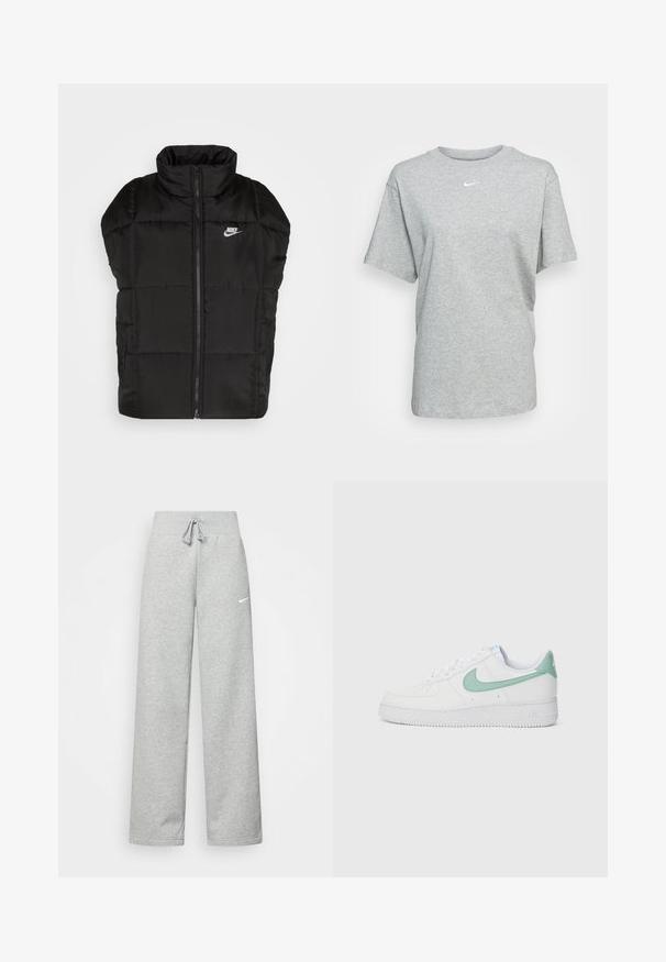Chaleco acolchado negro con collar alto, cremallera frontal y bolsillos laterales. Presenta paneles cosidos, realzados por un pequeño logotipo de Nike.; Nike Sportswear TEE - Camiseta básica - grey heather; Pantalones de chándal grises con cintura elástica, detalle de cordón y un pequeño logo blanco de Nike en el muslo izquierdo. Tejido suave, de corte holgado.; Zapatillas de cuero blancas con un swoosh de Nike y una lengüeta en verde menta, suela texturizada y diseño clásico de cordones.