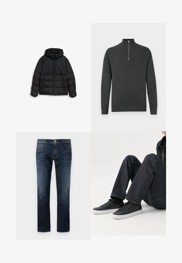 Schwarze isolierte Winterjacke mit Kapuze, Frontreißverschluss, seitlichen Reißverschlusstaschen und verstellbaren Kordeln an der Kapuze.; Grau, langärmeliger Pullover aus weichem Stoff, mit hohem Kragen und einem Viertel-Reißverschluss sowie einer schlichten Textur. Keine Muster oder Akzente.; Dunkelblaue Jeans aus Denim mit einem klassischen geraden Bein Design, ausgestattet mit fünf Taschen, einem Knopfverschluss vorne und dezenten Steppnähten.; Person sitzt mit angewinkelten Beinen, trägt dunkelblaue Jeans und schwarze Low-Top-Sneaker mit weißen Sohlen auf weißem Hintergrund.