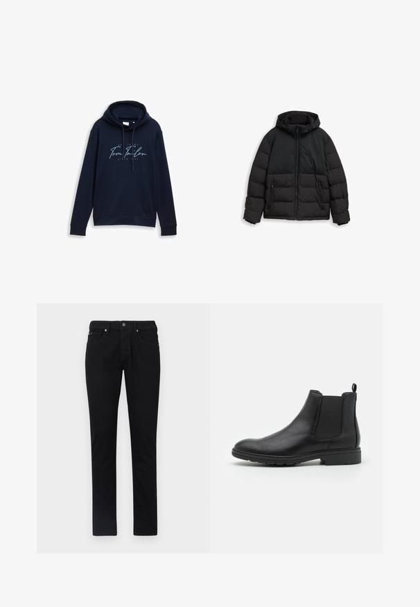 Schwarze isolierte Winterjacke mit Kapuze, Frontreißverschluss, seitlichen Reißverschlusstaschen und verstellbaren Kordeln an der Kapuze.; Navyblauer Kapuzenpullover mit Kordelzügen, versehen mit einem auffälligen weißen und hellblauen Logo-Text "Tom Tailor" und dem Jahr 1962. Weicher Stoff.; Schwarze Jeanshose, mit geradem Bein, ausgestattet mit einem Fünf-Taschen-Design, einem Frontknopfverschluss und einer glatten, einheitlichen Textur.; Schwarze Leder Chelsea-Stiefel mit elastischen Seiteneinsätzen und einer Ziehschlaufe, runder Zehenform und strukturiertem Gummisohle.