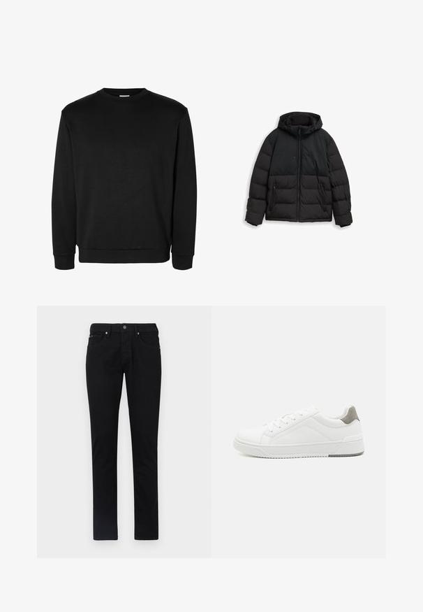 Chaqueta de invierno negra aislante con capucha, cremallera frontal, bolsillos laterales con cremallera y cuerdas ajustables en la capucha.; Sudadera negra de manga larga con cuello redondo, puños y bajo acanalados, diseño sencillo y sin logotipos ni estampados visibles.; Pantalones vaqueros negros de denim, diseño de pierna recta, con cinco bolsillos, cierre de botón en la parte delantera y una textura suave y uniforme.; Zapatilla blanca con material de cuero liso, punta redonda, diseño minimalista, acento gris en el talón y suela de goma texturizada.
