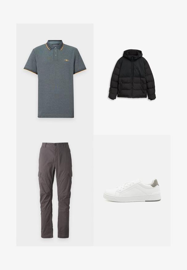 Veste d'hiver noire isolée avec capuche, fermeture éclair à l'avant, poches latérales zippées et cordons de serrage réglables sur la capuche.; Polo gris en tissu texturé, avec une patte de boutonnage à trois boutons, des accents de col bleu clair et orange, et un petit logo sur la poitrine.; Pantalons cargo gris avec une coupe droite, dotés de plusieurs poches latérales et de coutures renforcées le long des jambes. Fabriqués en tissu durable.; Basket blanche en cuir lisse, à bout arrondi, design minimaliste, accent de talon gris et semelle en caoutchouc texturé.