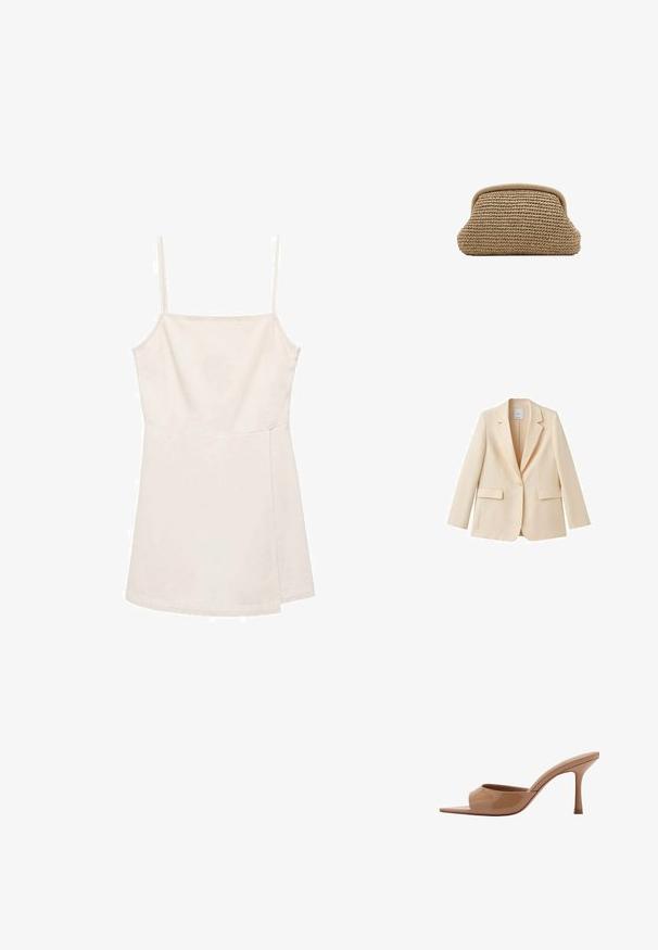Beige blazer med en enkelt knap, notch revers, lange ærmer og to klaplommer, vist på en hvid baggrund.; Lysbeige ærmeløs top med tynde stropper, der har et simpelt lige snit og en glat, let skinnende overflade. Ingen mønstre eller detaljer.; Beige åbent tå-højhælet mule med skinnende finish og en slank stiletthæl på hvid baggrund.; Beige vævet clutchpung med afrundet topkant og blødt, tekstureret ydre, vist mod en hvid baggrund.