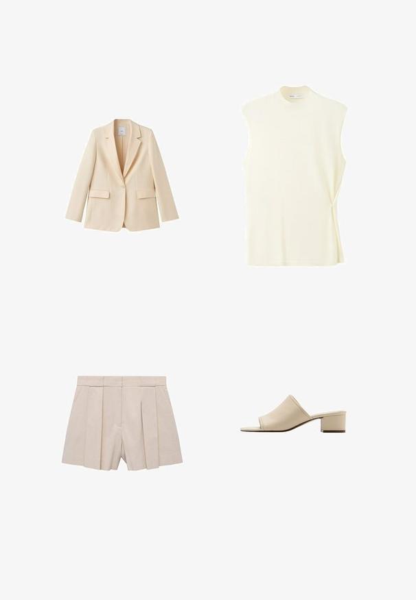 Beige blazer med en enkelt knap, notch revers, lange ærmer og to klaplommer, vist på en hvid baggrund.; Mango Top - off-white; Beige plisserede shorts med et skræddersyet design, der har høj talje og en glat tekstur. Fire frontplisseringer skaber volumen. Ingen lommer.; Beige åben tå mule sandal med lav blokhæl og glat læderoverdel, vist i sideprofil på hvid baggrund.