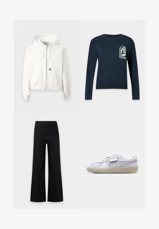 Witte zip-up hoodie met capuchon met trekkoord, voorzakken, geribbelde boorden en zoom, en een klein logoplaatje op de voorzak.; Marineblauw shirt met lange mouwen, ronde hals en een wit bloemenlogo met tekst "Quiksilver" op de linkerborst.; Zwarte high-waist wijde jeans met steekzakken aan de voorkant en achterkant, knoop- en ritssluiting, afgebeeld tegen een witte achtergrond.; Witte leren sneaker met grijze accenten, vetersluiting en een gestructureerde rubberen zool. Heeft een opvallend logo aan de zijkant.