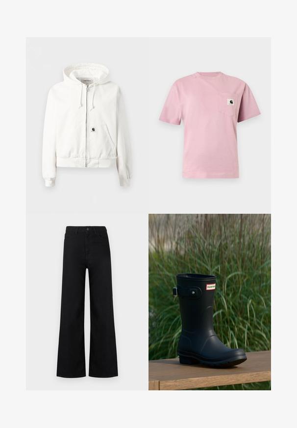 Sweat à capuche blanc zippé avec cordon de serrage, poches avant, poignets et ourlet côtelés, et petit patch logo sur la poche avant.; T-shirt rose clair à manches courtes avec une poche poitrine gauche présentant un petit patch logo Carhartt.; Jean noir taille haute à jambes larges avec poches avant et arrière, fermeture à bouton et fermeture éclair, présenté sur fond blanc.; Botte de pluie en caoutchouc noir avec une finition brillante, dotée d'une boucle argentée et d'un écusson de logo. La semelle est texturée pour une meilleure adhérence.