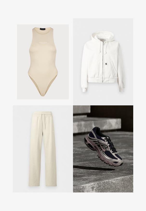 Valkoinen vetoketjullinen huppari, jossa on kiristysnauhalla varustettu huppu, etutaskut, resorireunukset hihansuissa ja helmassa sekä pieni logoplässi etutaskussa.; Beige topattu bodysuit ilman hihoja, jossa on korkea kaulus. Valmistettu sileästä, joustavasta kankaasta. Edessä valkoinen "PEGADOR"-logo. Korkeat lahkeet.; Beiget väriset leveälahkeiset collegehousut, joissa on resorivyötärö ja nyörikiristys sekä hillitty logo oikeassa reidessä, esitetty yksinkertaisella taustalla.; Nike juoksukenkä mustana ja harmaana, joissa on vaaleanpunaiset yksityiskohdat, leijuu betonipinnan ja portaiden yllä varjoisassa ulkotilassa.
