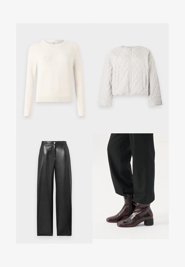 Quiltet, kort jakke i lysegrå. Har lynlås foran, rund halsudskæring og to sidelommer. Glat tekstur med diamantmønster.; Cremefarvet strikket sweater med lange ærmer, rund hals og et struktureret mønster af små, lysreflekterende accenter på skuldrene.; Sorte brede bukser lavet af glat materiale. Har en frontknaplukning, let skinnede overflade og rene linjer uden synlige mønstre.; Skinnende mørkerøde ankelstøvler med sidelommer, båret med løstsiddende sorte bukser mod en ensfarvet baggrund.