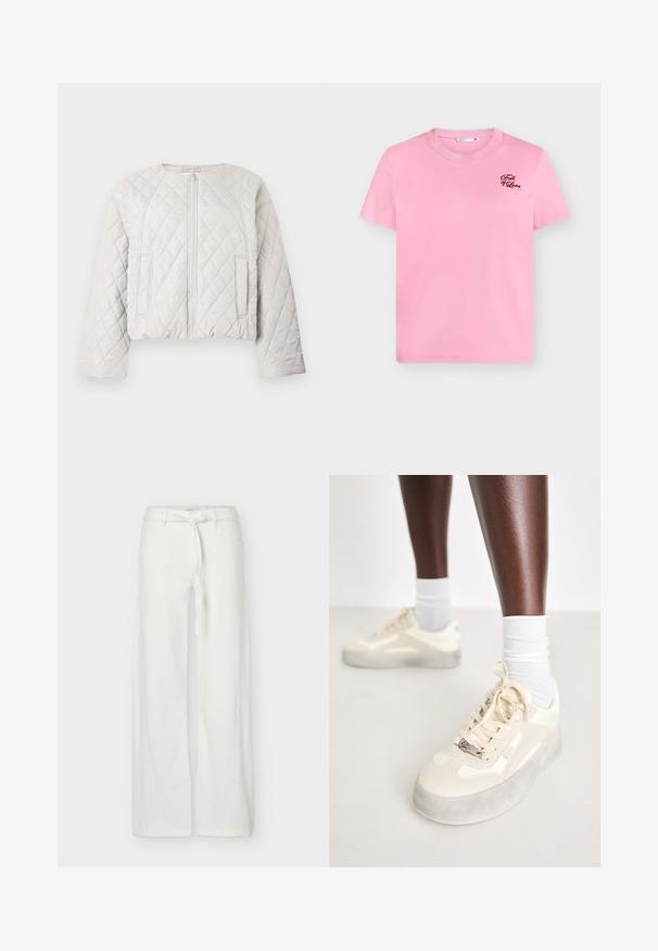 Gesteppte, kurz geschnittene Jacke in Hellgrau. Verfügt über einen Reißverschluss vorne, einen runden Ausschnitt und zwei seitliche Taschen. Glatte Textur mit Rautenmuster.; Rosa Baumwoll-T-Shirt mit Rundhalsausschnitt und kurzen Ärmeln. Auf der Brust ist ein kleines "Fruit of Love"-Logo aufgestickt.; Weiße Hosen mit weitem Bein, vorn mit Taschen und einem gebundenen Stoffgürtel in der Taille, auf einfarbigem Hintergrund dargestellt.; Beige Sneakers aus glattem Leder und Wildlederakzenten, graue Gummisohle, strukturierte Muster und ein metallisches Markenlogo an der Seite.