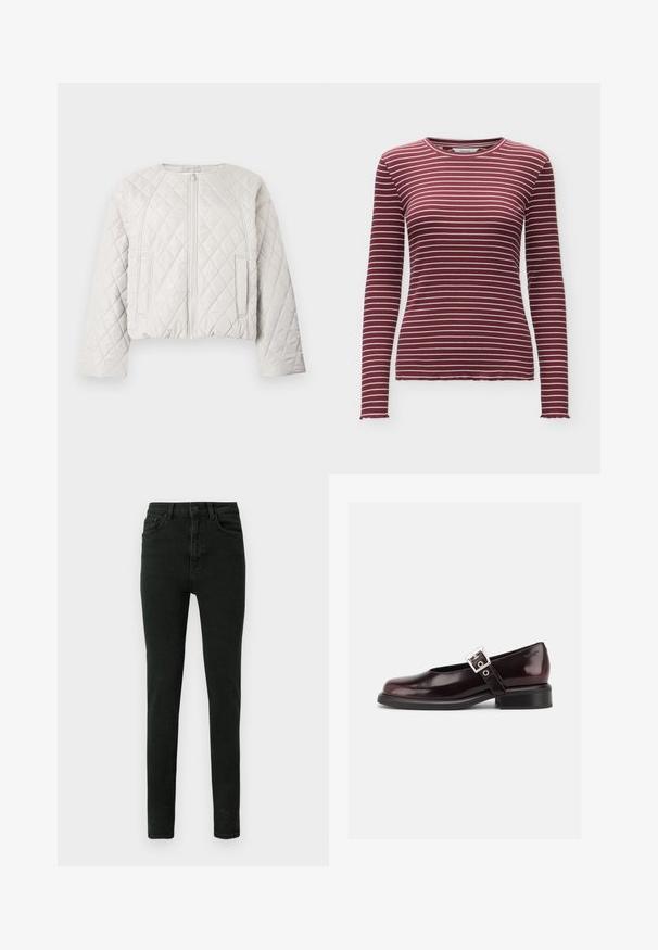 Veste matelassée courte en gris clair. Elle présente une fermeture éclair frontale, un col rond et deux poches latérales. Texture lisse avec un motif en losange.; Chemise côtelée bordeaux à manches longues avec des rayures blanches horizontales et un col rond, présentée sur un fond clair.; Jeans noirs taille haute en coupe slim, fabriqués en denim avec une texture subtile, dotés de cinq poches et d'une fermeture à bouton sur le devant.; Chaussure Mary Jane unique brillante couleur bordeaux foncé avec une large bride et une boucle argentée, talon bloc bas et bout arrondi sur fond blanc.