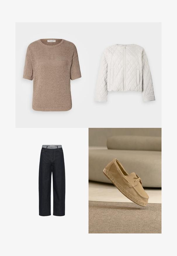 Gesteppte, kurz geschnittene Jacke in Hellgrau. Verfügt über einen Reißverschluss vorne, einen runden Ausschnitt und zwei seitliche Taschen. Glatte Textur mit Rautenmuster.; Beige gestrickter Pullover mit kurzen Ärmeln, Rundhalsausschnitt und lockerer Passform. Er zeichnet sich durch ein strukturiertes Muster und einen gerippten Saum aus.; Dunkelblaue, weit geschnittene Jeans mit hellgrauem Bund und vorderen Taschen, vor weißem Hintergrund dargestellt.; Beiger Wildleder-Slipper mit geflochtener Sohle und Schnürdetail, schwebend über einem passenden beigen Teppich mit verschwommenem Sofahintergrund.