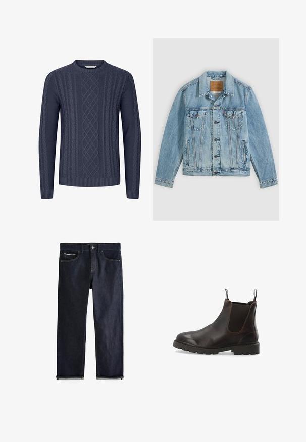 Lyseblå denimjakke med knapper foran, to brystklaplommer med knapper og to sidelommer, lagt fladt på en grå baggrund.; Mørkeblå strikket sweater med teksturerede kabelmønstre, rund halsudskæring og ribbekanter ved ærmerne og nederste kant. Fremstillet af blødt og holdbart stof.; Mørkeblå denimjeans med opsmøgede manchetter, knap- og lynlåslukning, for- og møntlommer samt kontrastsyning på hvid baggrund.; Mørkebrun læder Chelsea-støvle med elastiske sidepaneler, trækstropper for og bag og tyk mønstret gummisål.