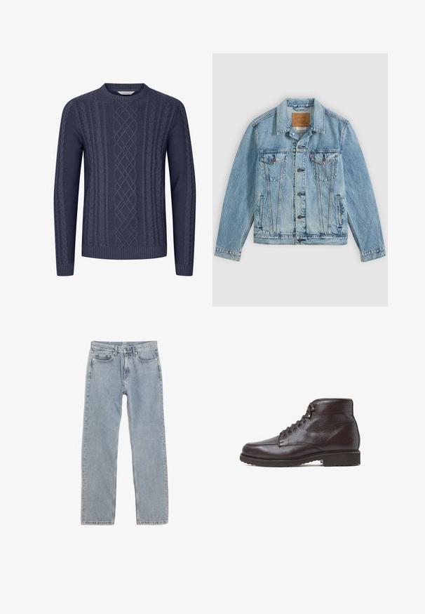 Lyseblå denimjakke med knapper foran, to brystklaplommer med knapper og to sidelommer, lagt fladt på en grå baggrund.; Mørkeblå strikket sweater med teksturerede kabelmønstre, rund halsudskæring og ribbekanter ved ærmerne og nederste kant. Fremstillet af blødt og holdbart stof.; Lysblå lige ben jeans lavet af denim, med fem lommer, gyldne sting og en talje med bæltesløjfer.; Brun læderankelstøvle med rund tå, snørelukning foran med metaløjer, tekstureret overflade og robust sål for godt greb.