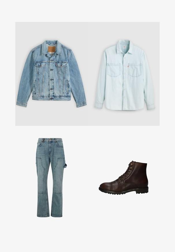Lichtblauwe spijkerjas met knopen aan de voorkant, twee borstklepzakken met knopen en twee zijpaszakken, plat neergelegd op een grijze achtergrond.; Lichtblauw denim overhemd met lange mouwen, knopen aan de voorkant, twee borstzakken en een kraag, afgebeeld tegen een effen lichte achtergrond.; Lichtblauwe denim cargobroek met een rechte pijpdesign, met meerdere zakken en een knoopsluiting bij de taille.; Donkergrote leren veterschoenen tot de enkels met een robuuste rubberen zool en metalen veters, gezien vanuit de buitenzijde.
