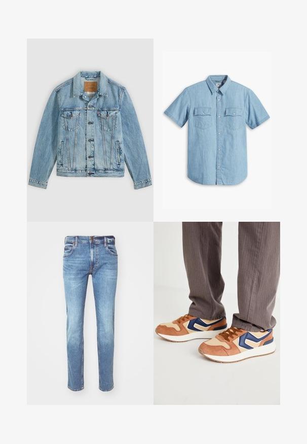 Chaqueta vaquera azul clara con botones delanteros, dos bolsillos de solapa en el pecho con botones y dos bolsillos laterales, colocada plana sobre un fondo gris.; Camisa de mezclilla de manga corta y color azul claro, con dos bolsillos en el pecho con costuras verticales y un cuello clásico.; Jeans de mezclilla azul claro con corte recto, diseño de cinco bolsillos y costuras en contraste, exhibiendo un acabado desgastado y un corte clásico.; Zapatillas con una mezcla de ante beige y material sintético crema, con un acento azul y suela texturizada; cordones marrones; combinadas con pantalones a rayas grises.