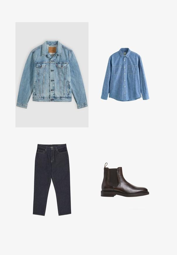 Chaqueta vaquera azul clara con botones delanteros, dos bolsillos de solapa en el pecho con botones y dos bolsillos laterales, colocada plana sobre un fondo gris.; Camisa azul de chambray de manga larga con botones al frente y dos bolsillos en el pecho, desplegada sobre un fondo blanco.; Vaqueros de mezclilla azul oscuro con piernas rectas, bolsillos delanteros, trabillas para cinturón y costuras visibles sobre un fondo blanco.; Botín Chelsea de cuero marrón con paneles laterales elásticos, tirador en bucle y un tacón bajo apilado. Textura suave y silueta elegante.
