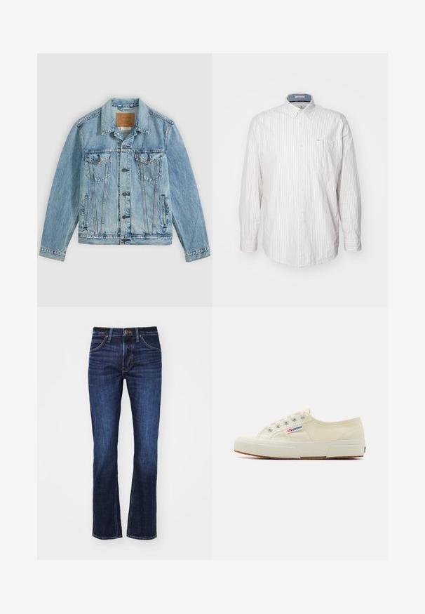 Veste en denim bleu clair avec fermeture à boutons sur le devant, deux poches poitrine à rabat avec boutons et deux poches latérales passepoilées, posée à plat sur un fond gris.; Chemise à manches longues de couleur claire avec de fines rayures verticales. Présente un col boutonné et une poche poitrine. Fabriquée dans un tissu texturé.; Jean en denim bleu foncé avec une coupe droite, comportant cinq poches, une fermeture à bouton et un léger délavage à l'avant.; Baskets en toile beige au design épuré, œillets en métal et semelle en caoutchouc. Présente un motif texturé et un détail de logo sur le côté.