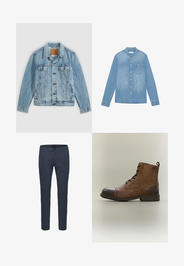 Chaqueta vaquera azul clara con botones delanteros, dos bolsillos de solapa en el pecho con botones y dos bolsillos laterales, colocada plana sobre un fondo gris.; Camisa de mezclilla azul claro, con botones, mangas largas, collar puntiagudo, un bolsillo en el pecho y un ligero desgaste en la tela.; Pantalones ajustados de color azul oscuro, confeccionados en tela, con cierre de botón, bolsillos delanteros y un diseño entallado. Textura suave con un ligero brillo.; Bota de cuero marrón con cordones hasta el tobillo, puntera negra, suela redonda y detalle de marca en el lateral sobre un fondo liso.