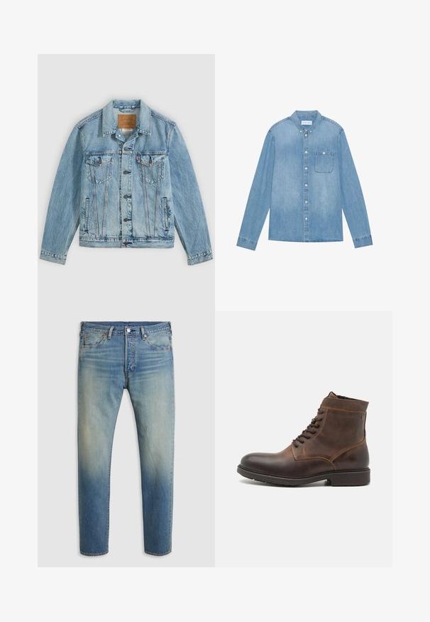Veste en denim bleu clair avec fermeture à boutons sur le devant, deux poches poitrine à rabat avec boutons et deux poches latérales passepoilées, posée à plat sur un fond gris.; Chemise en denim bleu clair à boutons, manches longues, col pointu, poche poitrine unique et décoloration subtile sur le tissu.; Jean en denim bleu délavé pour homme avec poches avant, passants de ceinture, fermeture à bouton et décoloration subtile près de la taille.; Jack & Jones JFWDELANEY BOOT - Bottines à lacets - cognac