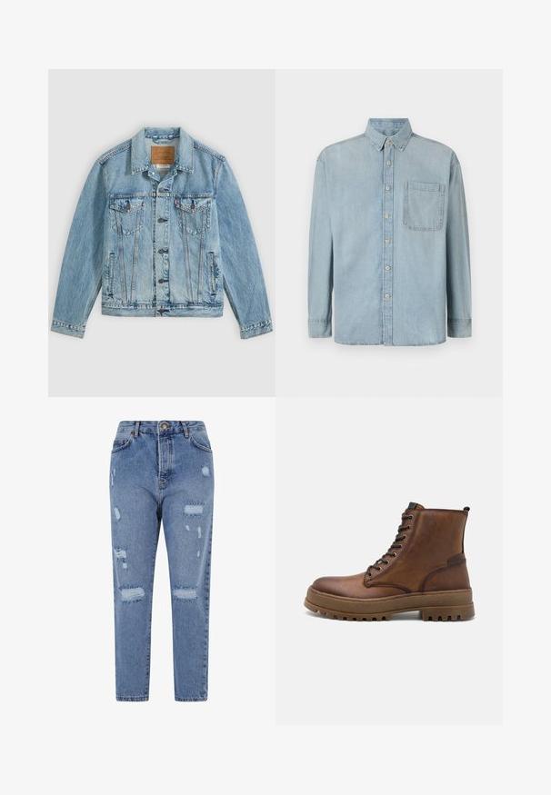 Hellblaue Jeansjacke mit Knopfleiste vorne, zwei Brustklappentaschen mit Knöpfen und zwei seitlichen Leistentaschen, flach auf grauem Hintergrund liegend.; Hellblaue Denim-Hemd mit langen Ärmeln, Knopfleiste und einer einzelnen Brusttasche. Verfügt über einen klassischen Kragen und Standardmanschetten.; Hellblaue Denim-Jeans mit hoher Taille, geradem Bein und einem verwaschenen Design, das Risse und fransige Kanten aufweist.; Braune Leder-Schnürstiefel mit strukturiertem Finish, robuster Sohle und gepolsterter Knöchelpartie. Verfügt über sechs Ösen und eine Ziehlasche an der Rückseite.