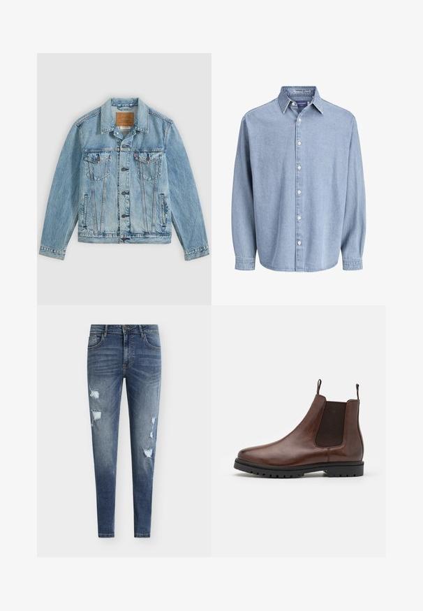 Lyseblå denimjakke med knapper foran, to brystklaplommer med knapper og to sidelommer, lagt fladt på en grå baggrund.; Lysblå denim skjorte med lange ærmer og knapper, med krave og hvide knapper, præsenteret mod en helt hvid baggrund.; Smaltsiddende blå denimjeans med slidte detaljer, flere revner og en falmet vask. Har fem-lomme-design og bæltestropper.; Brune læder Chelsea-støvle med elastiske sidepaneler, rund tå og tekstureret gummisål, der har trækstropper for nem påtagning.