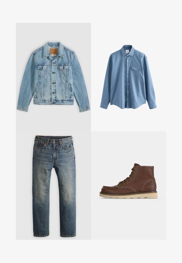 Hellblaue Jeansjacke mit Knopfleiste vorne, zwei Brustklappentaschen mit Knöpfen und zwei seitlichen Leistentaschen, flach auf grauem Hintergrund liegend.; Hellblaues Langarmhemd mit Kragen und einer knopfgeschlossenen Brusttasche, flach auf weißem Hintergrund liegend.; Blaue, ausgebleichte gerade geschnittene Jeans aus Denim mit Fronttaschen, Gürtelschlaufen, Knopf und Reißverschluss auf einem hellen Hintergrund.; Brauner Lederknöchelstiefel mit beiger Gummisohle, Schnürung vorne, sichtbaren Nähten und einem kleinen Etikett an der Seite.